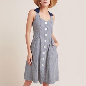 Anthropologie Gingham Camellia Collared Mini Button Linen Sleeveless Dress Sz 8
